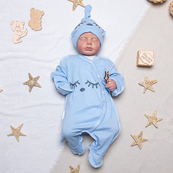 Комбинезон с принтом на кнопках и шапочка, №М-471, голубой, рост 62