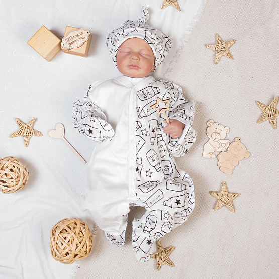 №М-469 Комбинезон на кнопках с шапочкой, бутылочки, рост 62